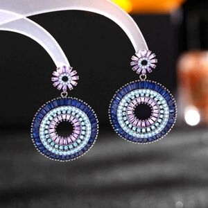 Dazzling Blue Zirconia Drop Earings Womens Dangle Circle S925 Silver Post Earing